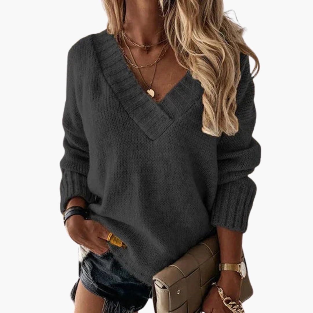 Gerippter V-Ausschnitt Pullover für Damen