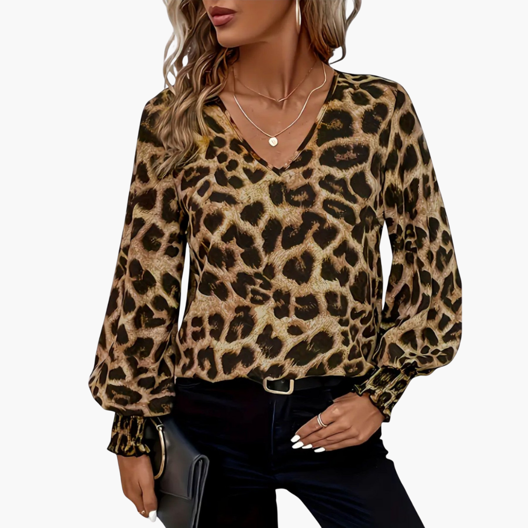 Leopardenmuster V-Ausschnitt Bluse für Damen