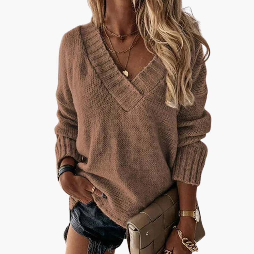 Gerippter V-Ausschnitt Pullover für Damen