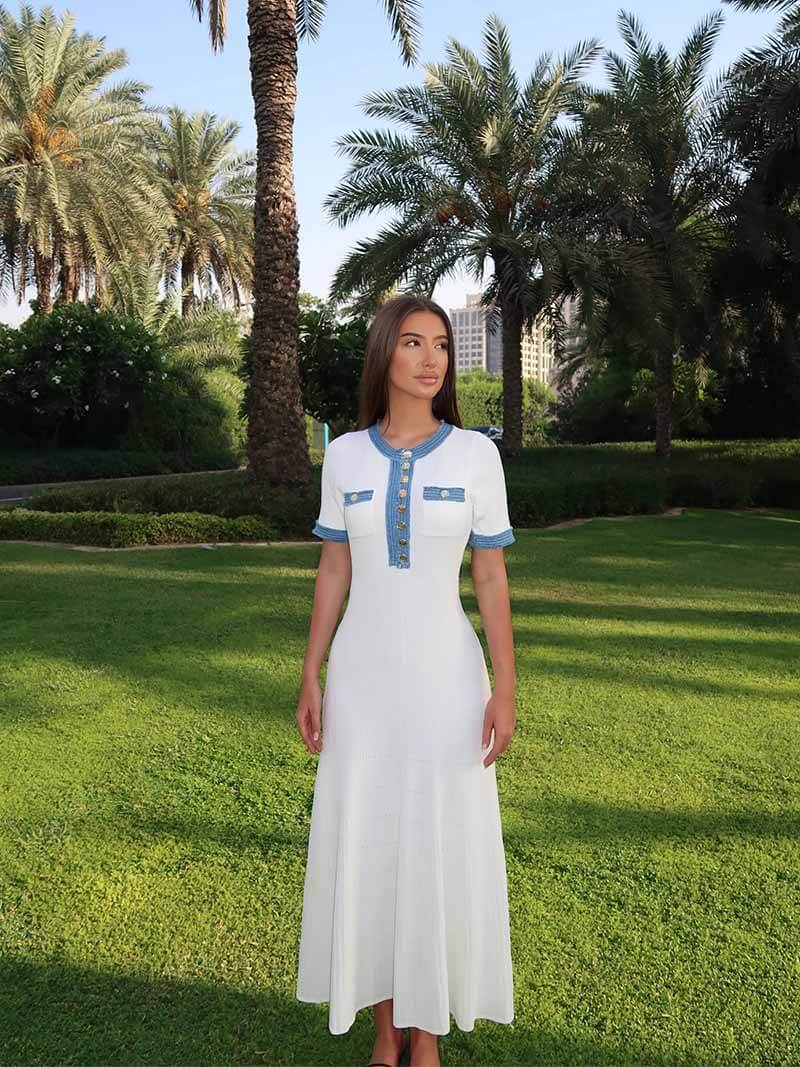 Maxi-Kurzarmkleid mit Denim-Besatz für Damen