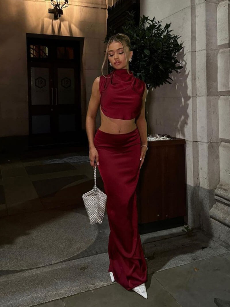 Ärmelloses Satin Zweiteiler-Set für Damen
