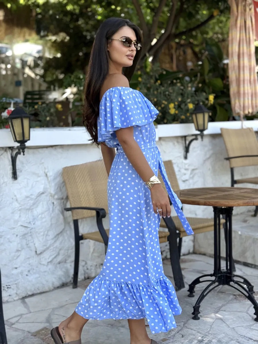Langes Sommerkleid Blau mit Punkten