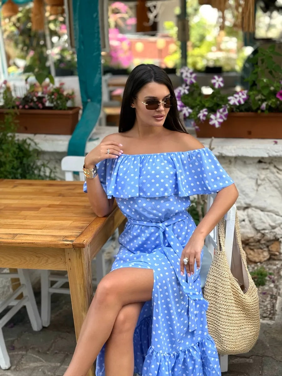 Langes Sommerkleid Blau mit Punkten