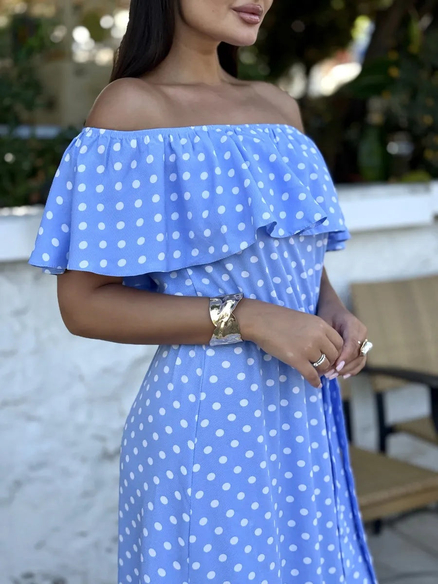 Langes Sommerkleid Blau mit Punkten