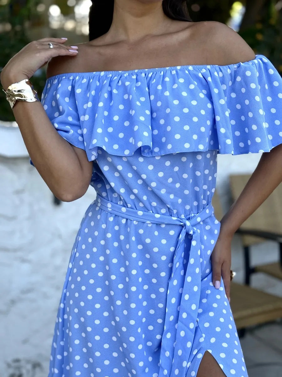Langes Sommerkleid Blau mit Punkten