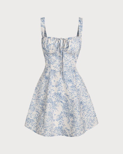 Blaues Geblümtes Slip-Minikleid mit Raffung und Korsett-Rückendetail