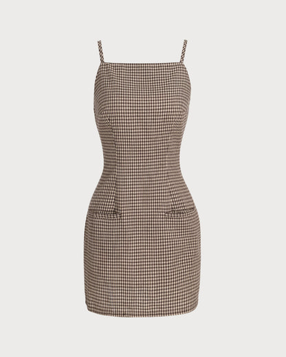 Braunes Kariertes Slip-Minikleid