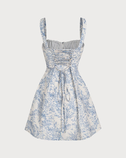 Blaues Geblümtes Slip-Minikleid mit Raffung und Korsett-Rückendetail