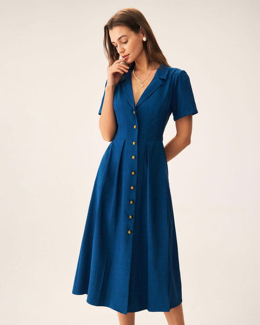 Blaues Midikleid mit V-Ausschnitt, Knöpfen und Plisseefalten