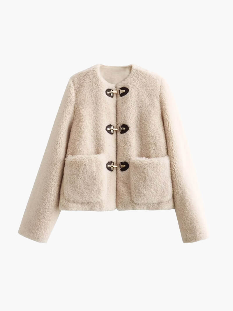 Kunstpelz-Teddyjacke mit Knebelverschluss für Damen