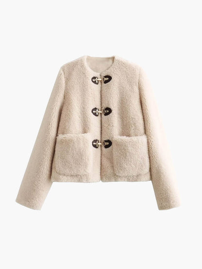 Kunstpelz-Teddyjacke mit Knebelverschluss für Damen