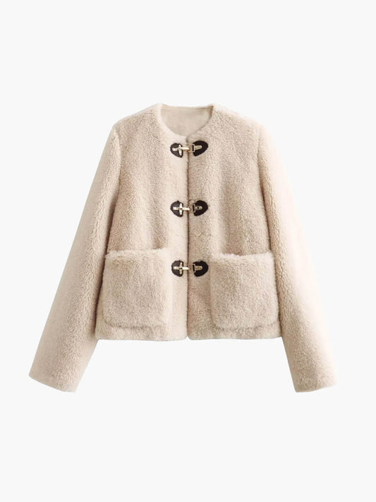 Kunstpelz-Teddyjacke mit Knebelverschluss für Damen