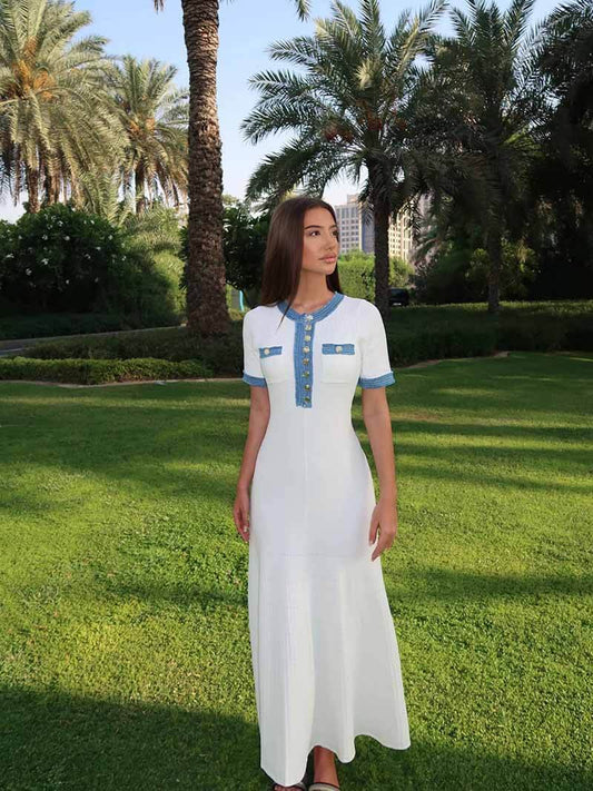 Maxi-Kurzarmkleid mit Denim-Besatz für Damen