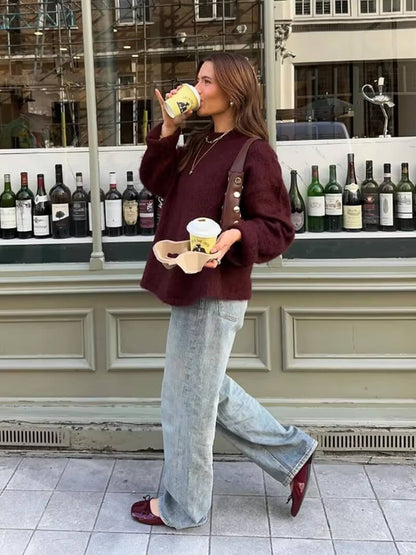 Unifarbener Strickpullover für Damen