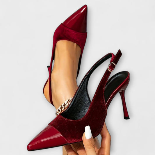 Kathleen - Spitze Samt-Patchwork-Slingback-Stiletto-Heels