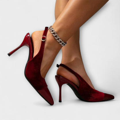 Kathleen - Spitze Samt-Patchwork-Slingback-Stiletto-Heels
