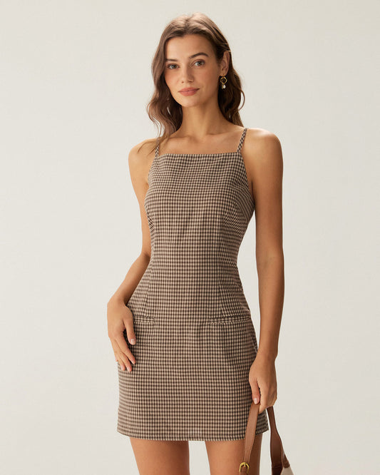 Braunes Kariertes Slip-Minikleid