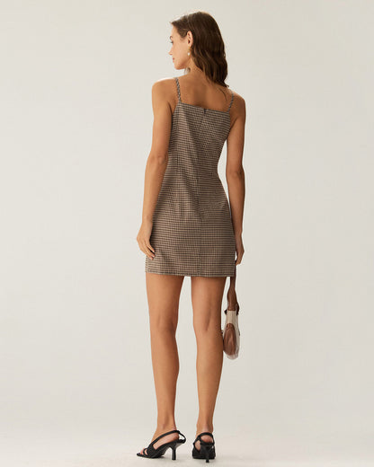 Braunes Kariertes Slip-Minikleid