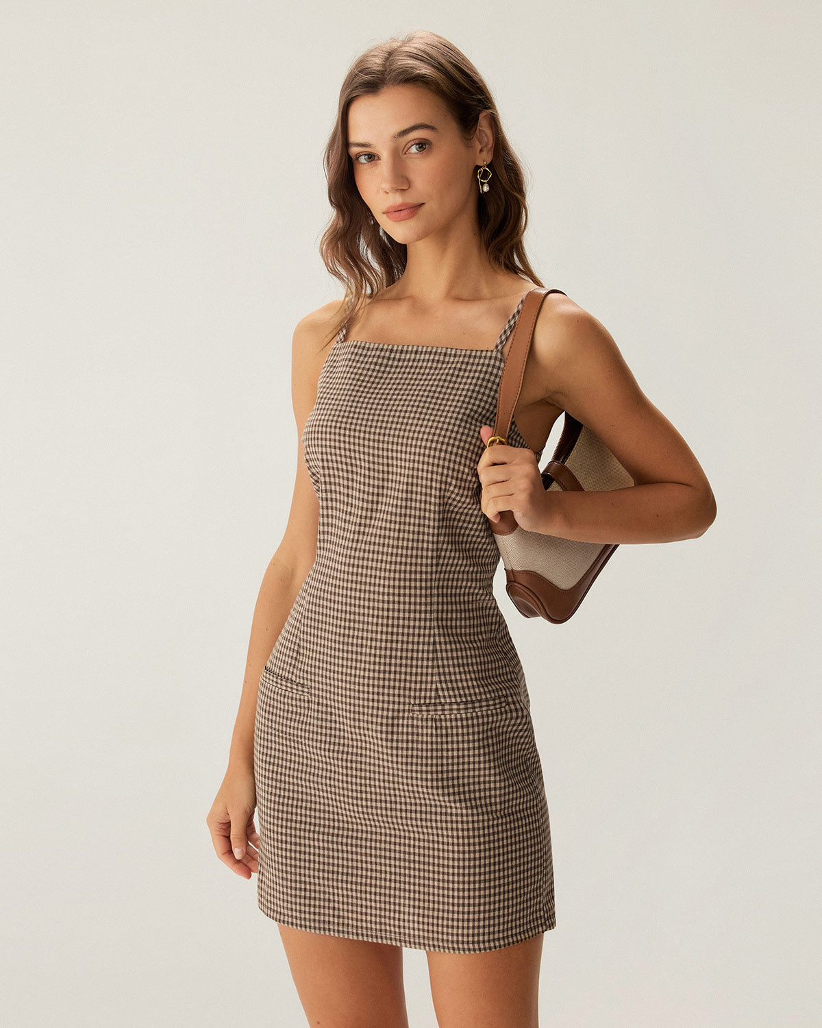 Braunes Kariertes Slip-Minikleid