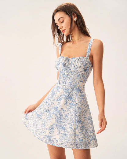 Blaues Geblümtes Slip-Minikleid mit Raffung und Korsett-Rückendetail