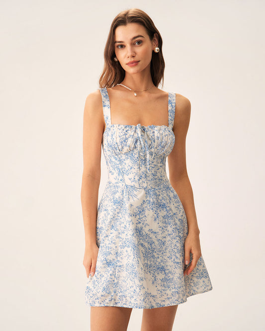 Blaues Geblümtes Slip-Minikleid mit Raffung und Korsett-Rückendetail