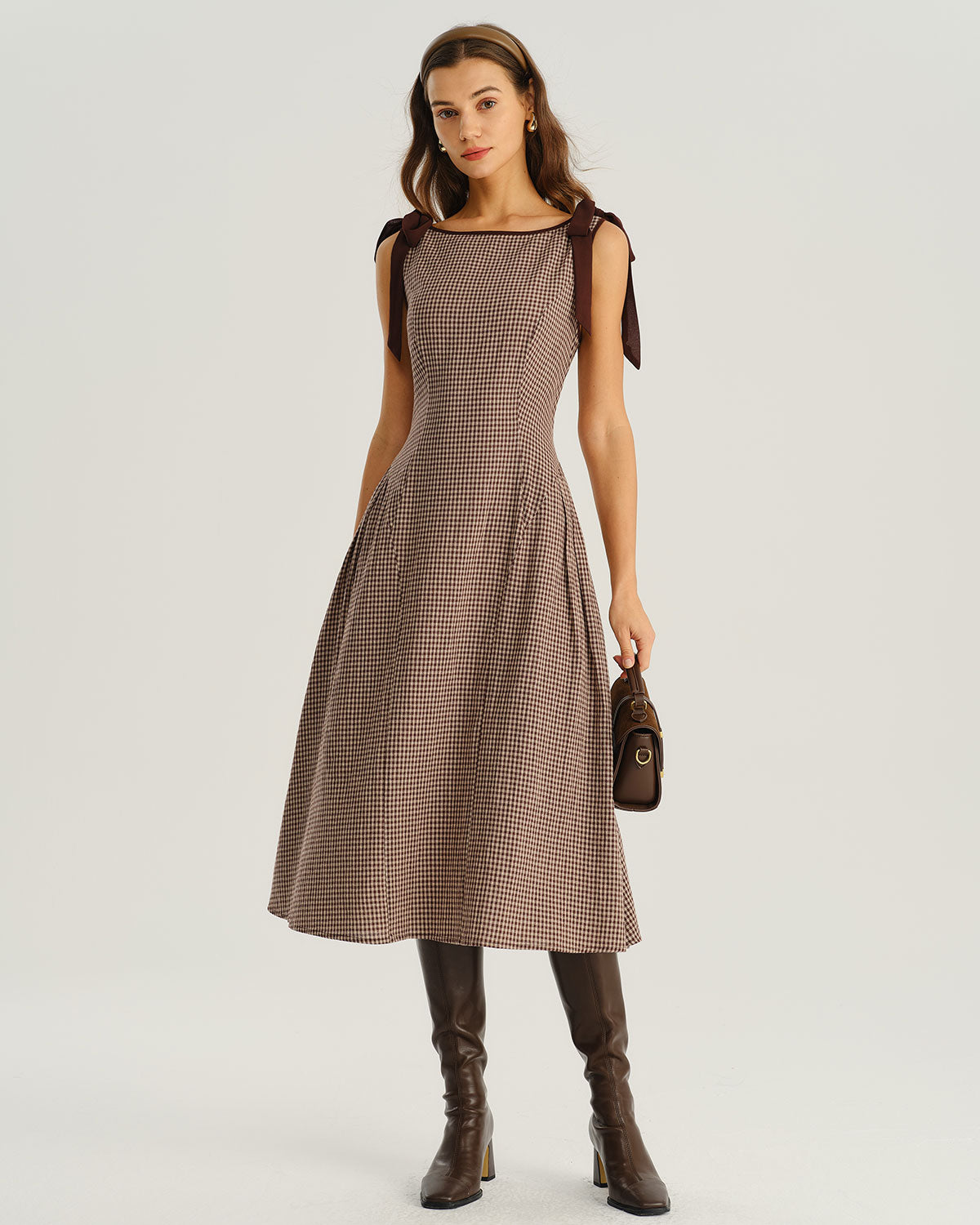 Braunes Kariertes Midikleid mit Bootsausschnitt in A-Linie