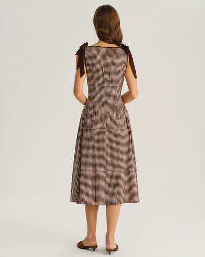 Braunes Kariertes Midikleid mit Bootsausschnitt in A-Linie