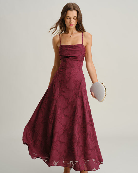 Weinrotes Jacquard Slip-Maxikleid