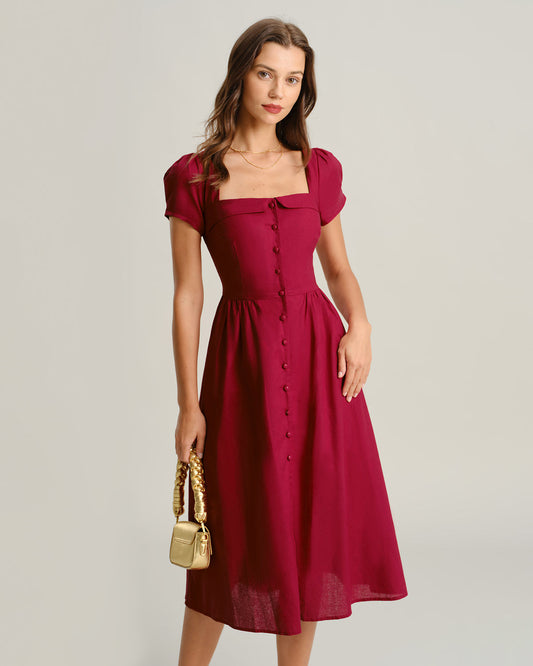 Weinrotes Midikleid in A-Linie mit eckigem Ausschnitt